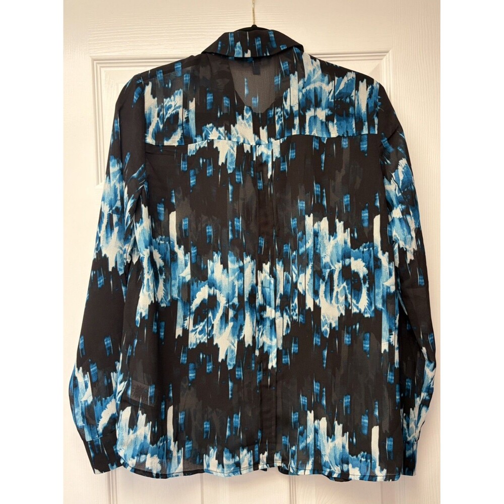 Derek Lam For Design Nation Black Blue Semi Sheer Button Up Top M shirt blouse